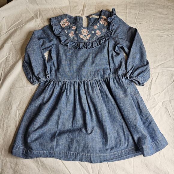 Crewcuts Other - Crewcuts Dress Girls 6 Blue Embroidered Chambray Long Sleeve Boho Floral